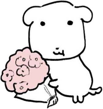 Our little white mascot holding pink flowers